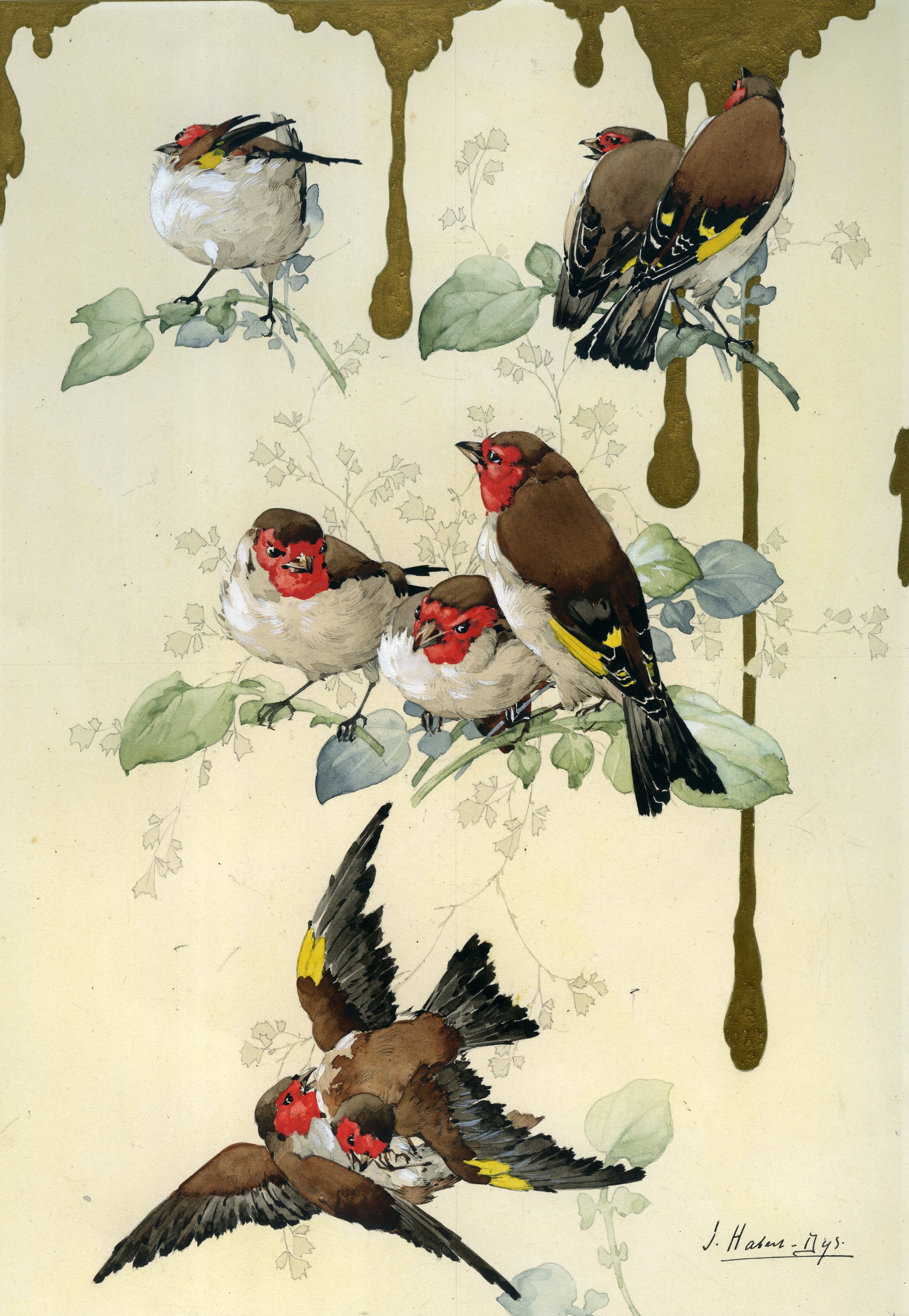 Illustration for Caprices Décoratifs: Oiseaux d’Europe (Chardonnerets) [Birds of Europe: Goldfinches]